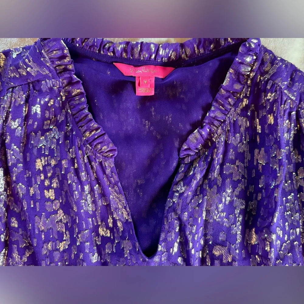 Lilly Pulitzer Purple and Gold Balloon Sleeve Fancy Blouse Med - Picture 3 of 8
